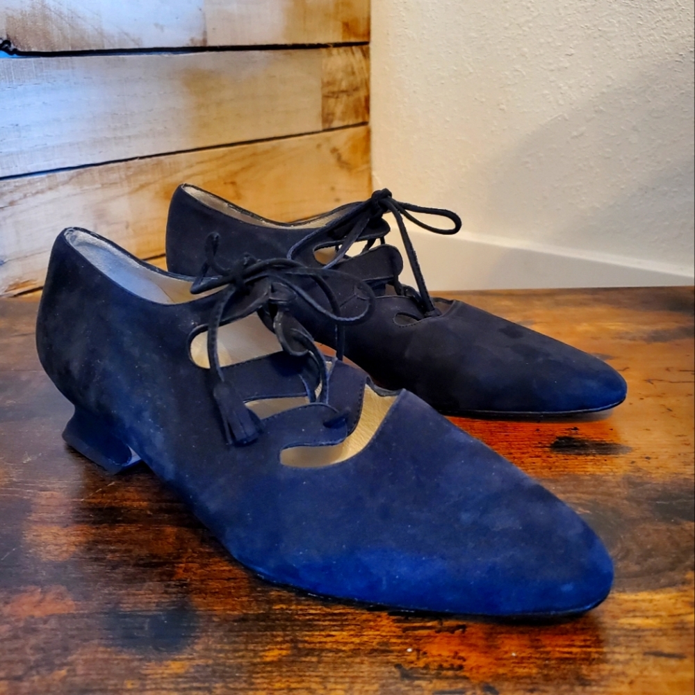 Anthropologie Delman Blue Suede Lace Up Tassel Heels Shoes 6 Unique Rare…
